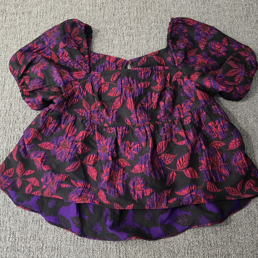 Sachin & Babi Anthropologie Floral Jacquard Puff Sleeve Babydoll Top 2X